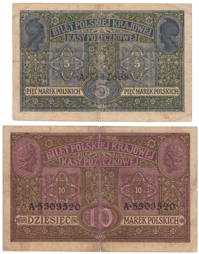 5 marek polskich 1916 seria A - Generał, Biletów i 10 marek polskich 1916 seria A - Generał, biletów